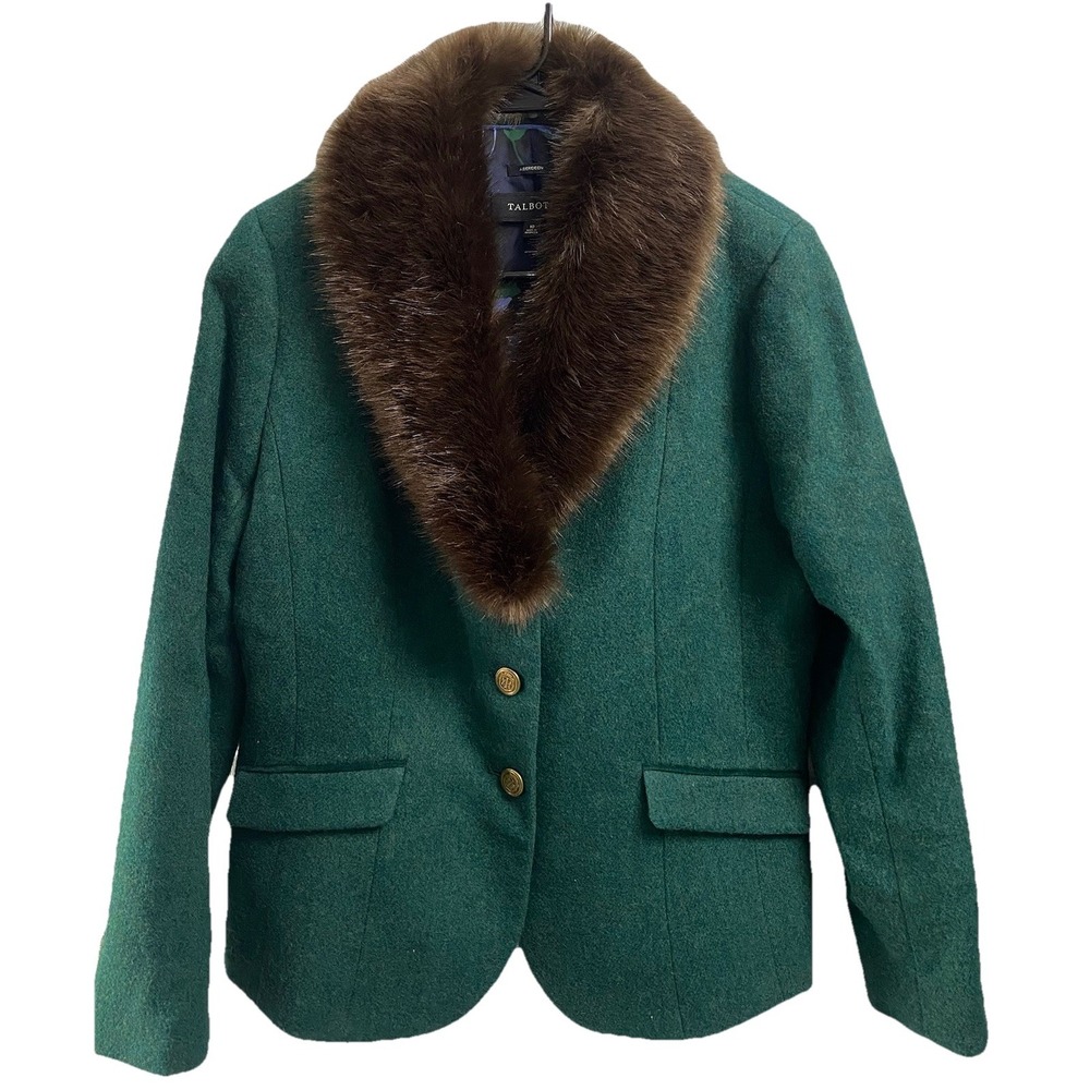 Talbots Womens Aberdeen Green Holiday Faux‎ Fur Collar Jacket Blazer Sz.10 EUC